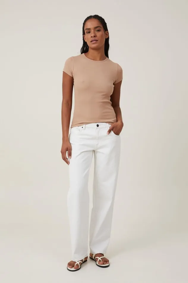 Women Tops Cotton On The One Organic Rib Crew Short Sleeve Tee Chestnut