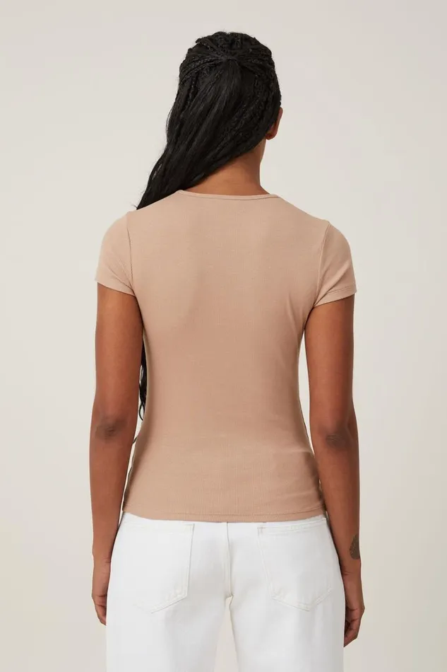 Women Tops Cotton On The One Organic Rib Crew Short Sleeve Tee Chestnut
