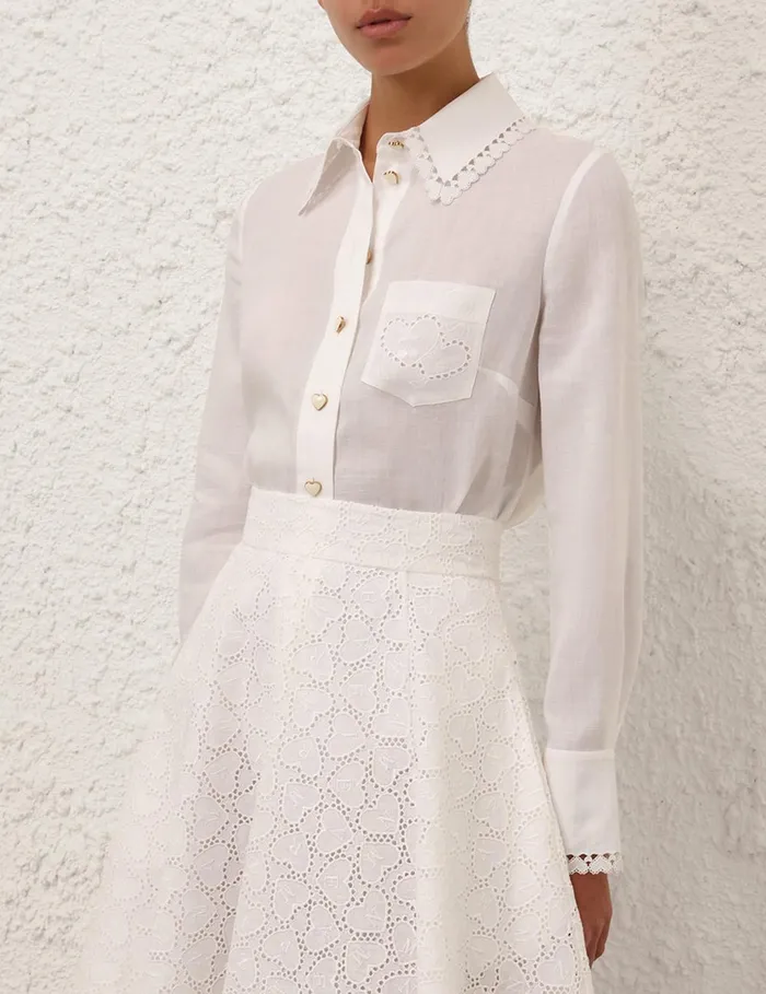 Women Tops Zimmermann Crush Ramie Embroidered Shirt Ivory