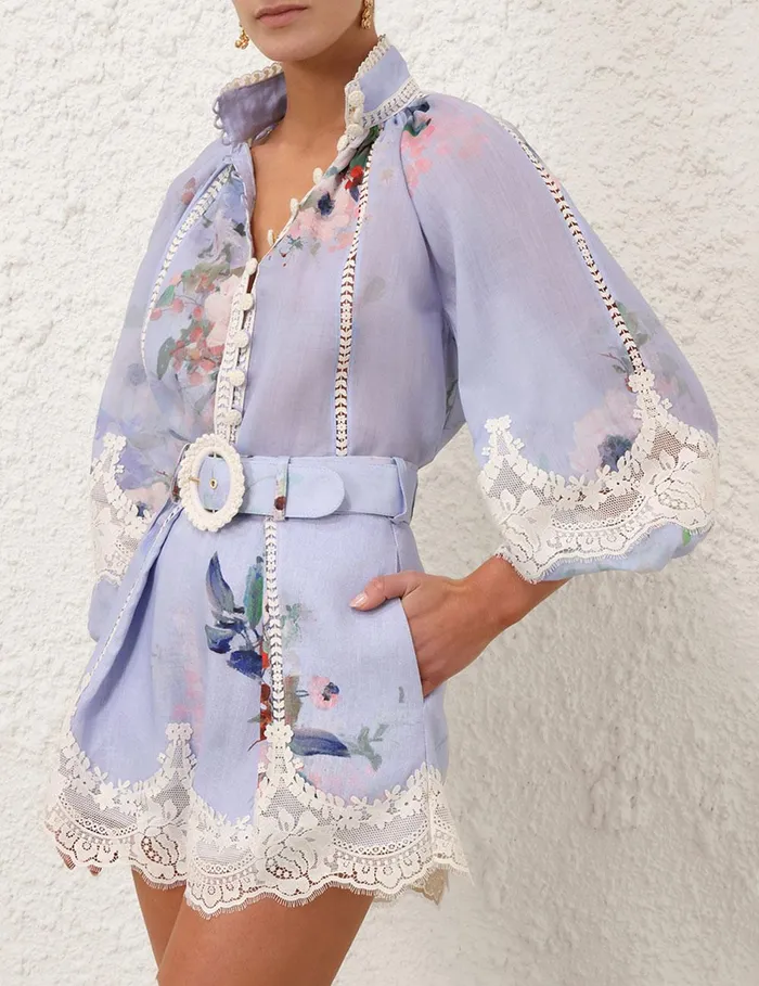 Women Tops Zimmermann Everley Lace Trim Blouse Light Blue Watercolour Floral