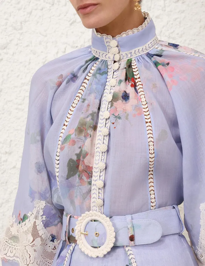 Women Tops Zimmermann Everley Lace Trim Blouse Light Blue Watercolour Floral