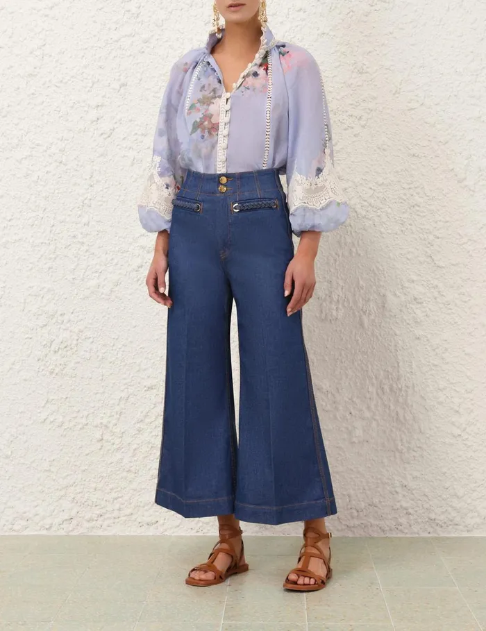 Women Tops Zimmermann Everley Lace Trim Blouse Light Blue Watercolour Floral