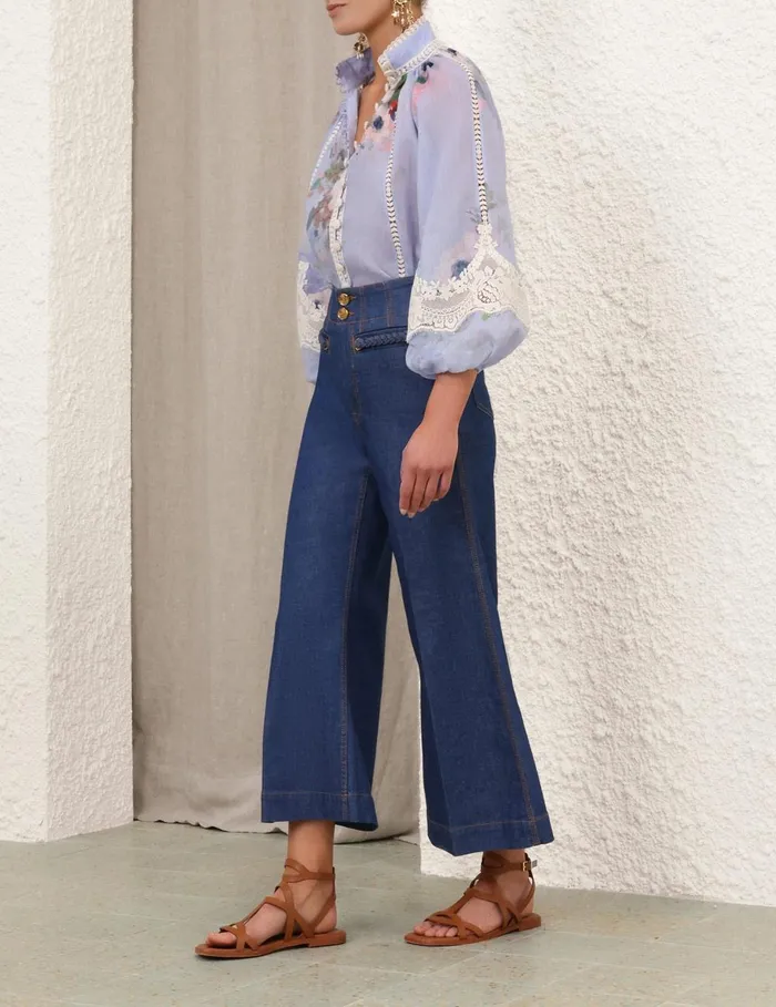 Women Tops Zimmermann Everley Lace Trim Blouse Light Blue Watercolour Floral