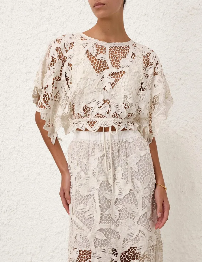 Women Tops Zimmermann Golden Crochet Lace Top Ivory