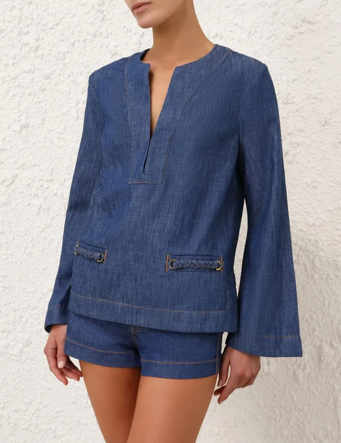 Women Tops Zimmermann Wylie Denim Tunic Top Railway Blue