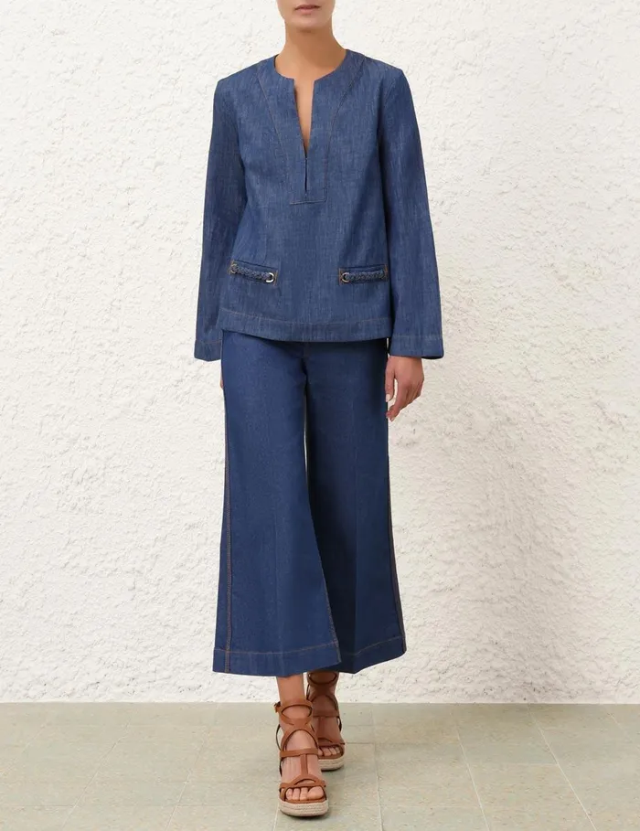 Women Tops Zimmermann Wylie Denim Tunic Top Railway Blue