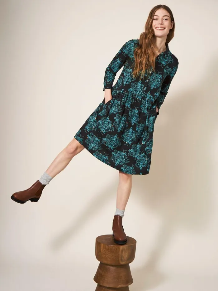Women White Stuff Dresses Everly Jersey Cotton Shirt Dress Black Print