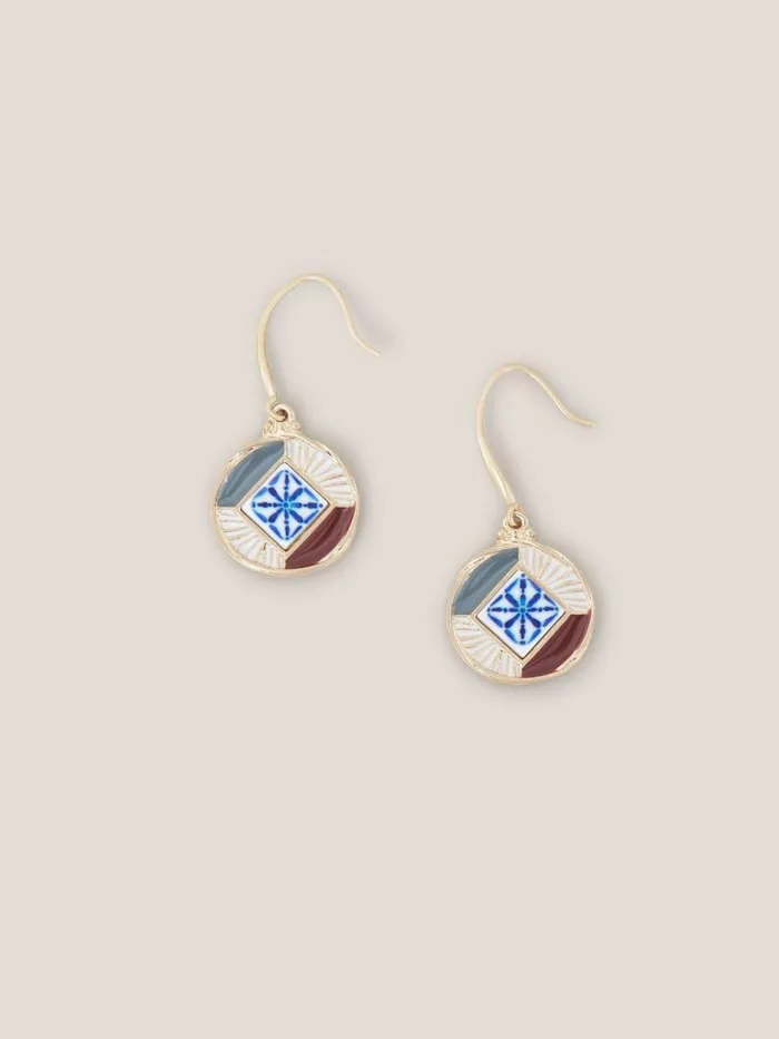 Women White Stuff Jewellery Circular Mosaic Tile Earrings Gold Tone Metallic Women White Stuff Jewellery Circular Mosaic Tile Earrings Gold Tone Metallic