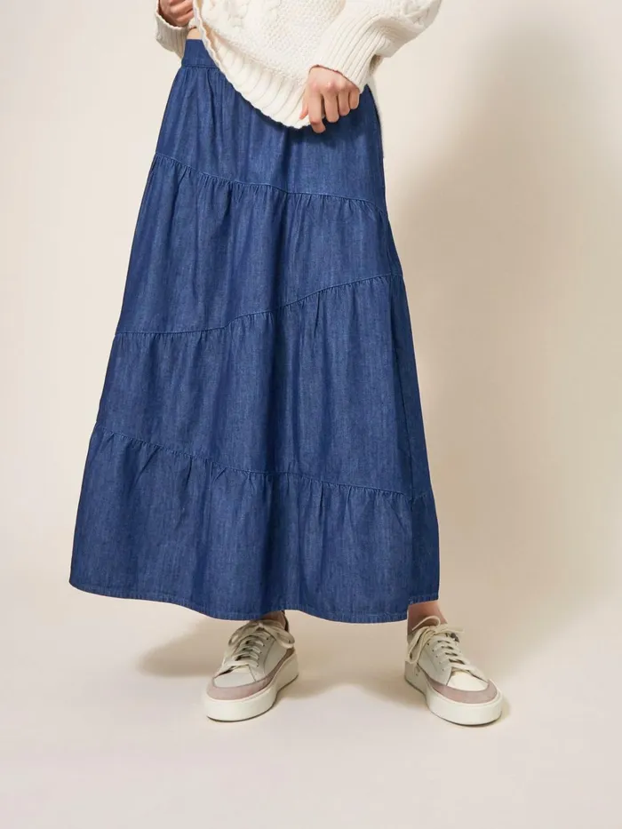 Women White Stuff Skirts Jenna Tiered Denim Skirt Dk Denim Women White Stuff Skirts Jenna Tiered Denim Skirt Dk Denim