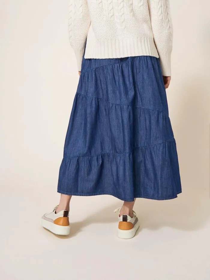 Women White Stuff Skirts Jenna Tiered Denim Skirt Dk Denim Women White Stuff Skirts Jenna Tiered Denim Skirt Dk Denim