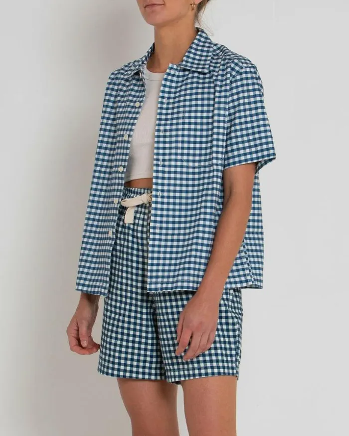 Womens Deus Ex Machina Shirts Onnie Short Sleeve Shirt 8211 Opal Gingham Opal Gingham
