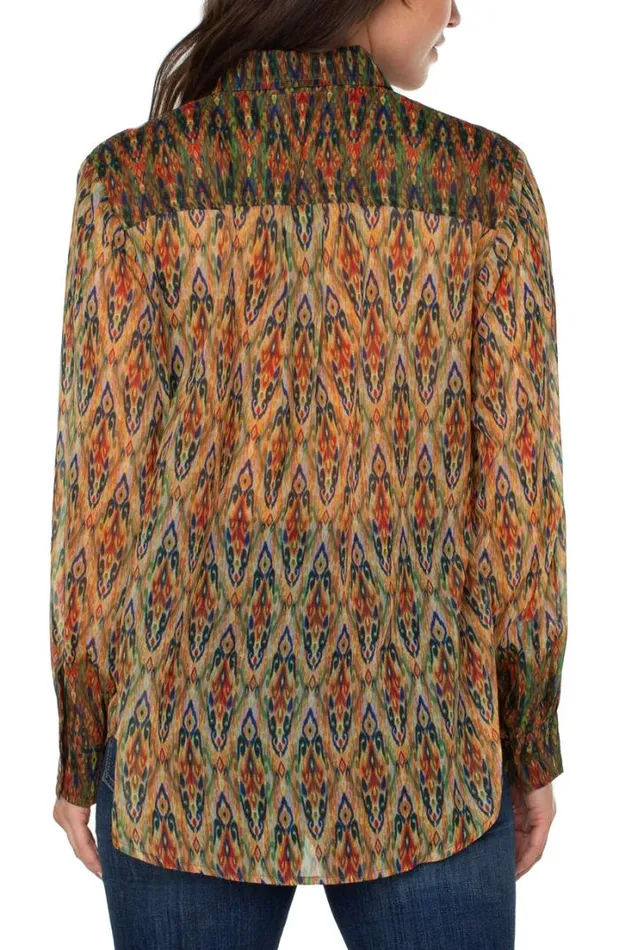 WOVEN TOPS Women Liverpool Los Angeles LONG SLEEVE BUTTON UP WOVEN SHIRT Multi Color Painted Ikat