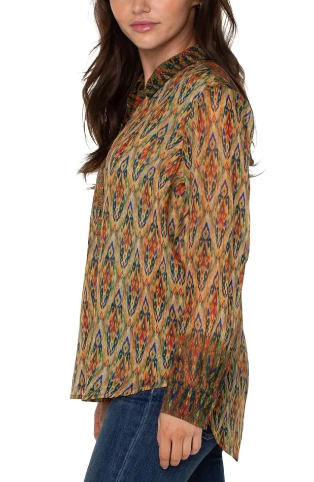 WOVEN TOPS Women Liverpool Los Angeles LONG SLEEVE BUTTON UP WOVEN SHIRT Multi Color Painted Ikat