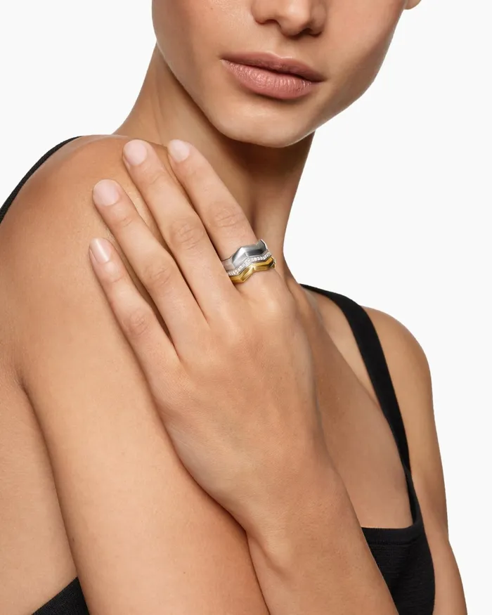 Zig Zag Stax Three Row Ring In Sterling Silver With 18K Yellow Gold And Diamonds 117mm Women David Yurman Statement Zig Zag Stax Three Row Ring In Sterling Silver With 18K Yellow Gold And Diamonds 117mm Women David Yurman Statement