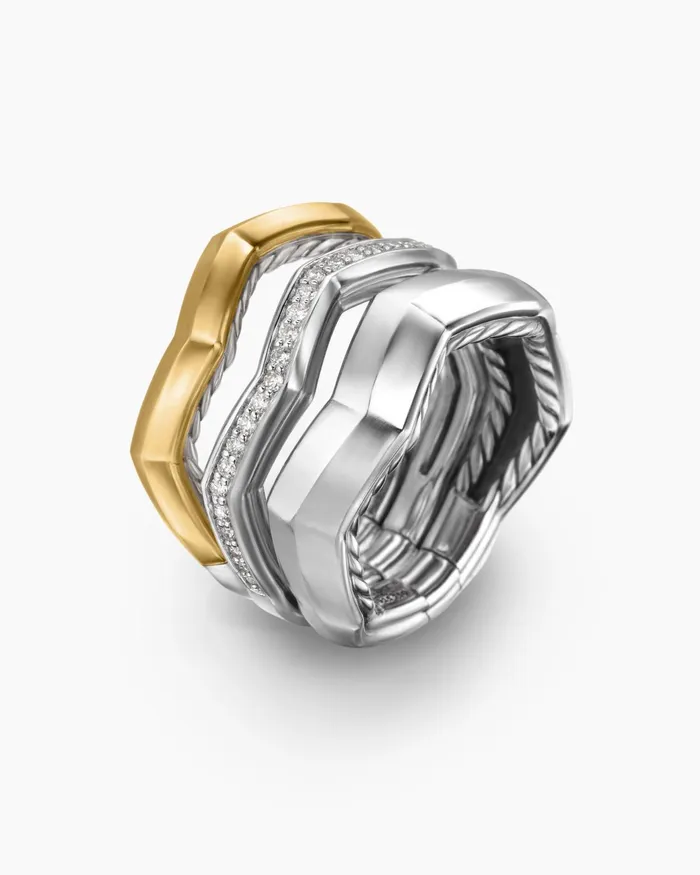 Zig Zag Stax Three Row Ring In Sterling Silver With 18K Yellow Gold And Diamonds 117mm Women David Yurman Statement Zig Zag Stax Three Row Ring In Sterling Silver With 18K Yellow Gold And Diamonds 117mm Women David Yurman Statement