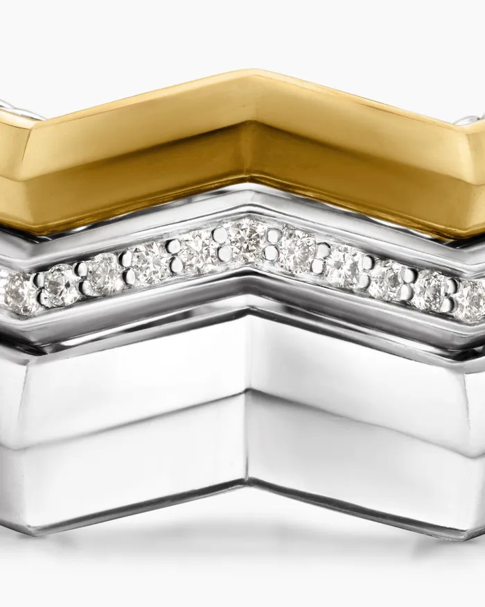 Zig Zag Stax Three Row Ring In Sterling Silver With 18K Yellow Gold And Diamonds 117mm Women David Yurman Statement Zig Zag Stax Three Row Ring In Sterling Silver With 18K Yellow Gold And Diamonds 117mm Women David Yurman Statement